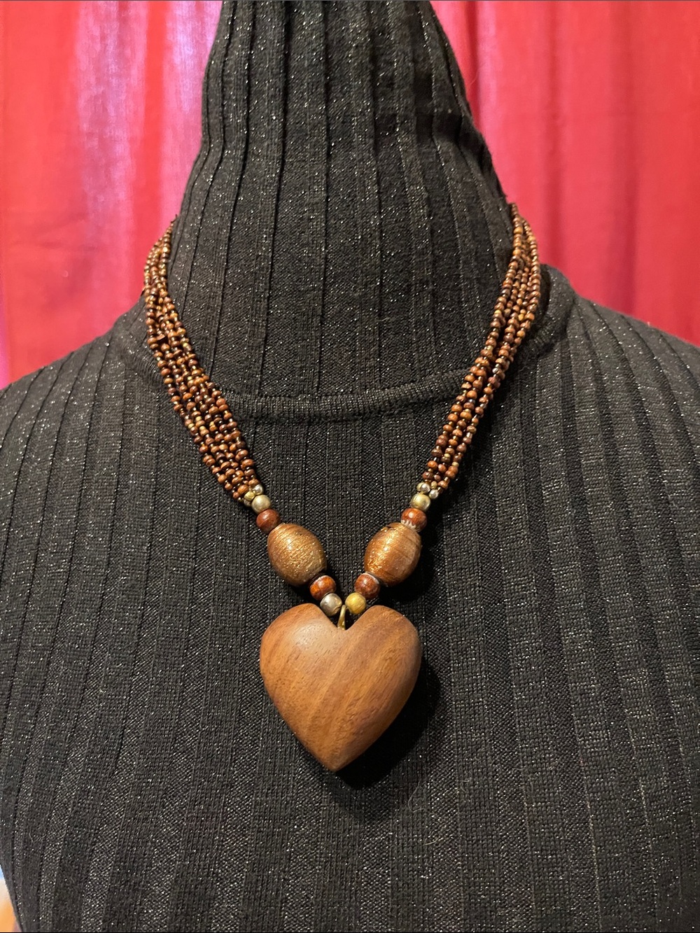 Handcrafted Brown Wooden Heart Pendant multi strand Necklace Y2K chunky boho